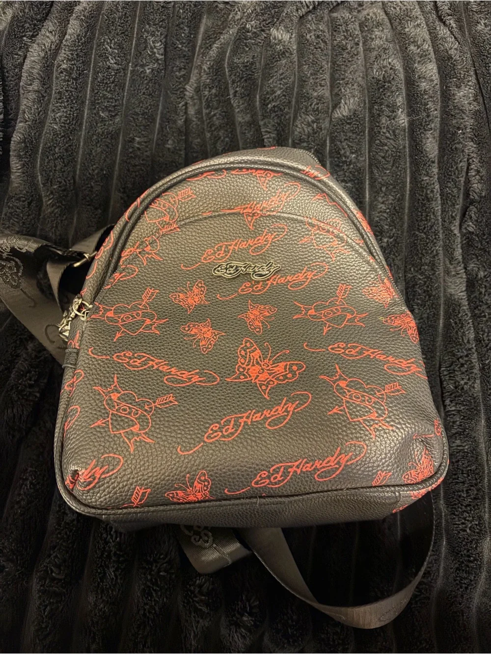 Ed Hardy Black Mini Backpack with Red Graphic Logo Print